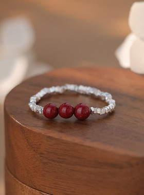 足银S999新中式朱砂点缀碎银戒指女款红色新年国风小清新简约戒指