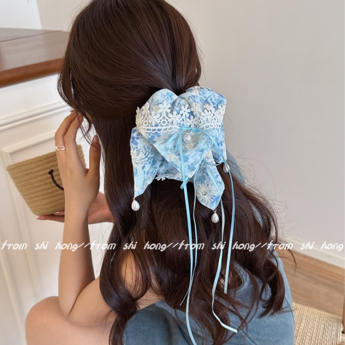 夏日碎蓝~蓝色碎花刺绣蝴蝶结方巾夹女 甜美气质后脑勺盘发抓夹