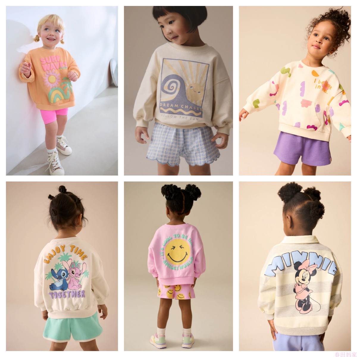 英国NEXT童装 25秋女童女宝宝米奇史迪奇卡通长袖上衣+运动短裤组