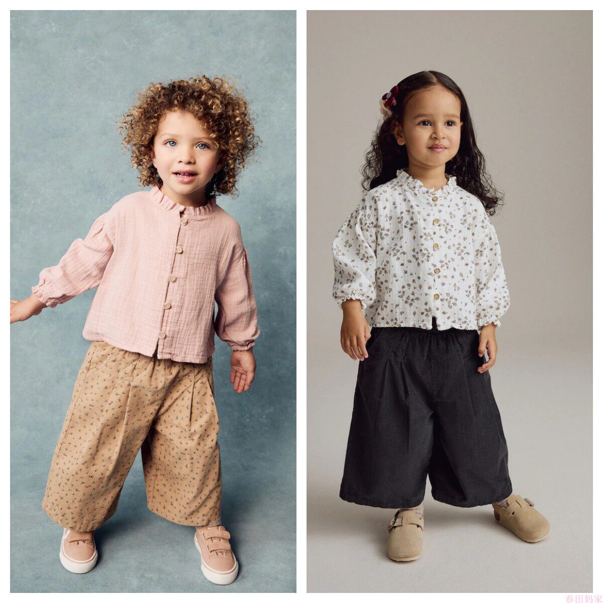 英国NEXT童装 24秋新女童女宝宝碎花中式立领衬衫+休闲阔腿裤套装