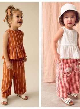 英国NEXT童装 25夏新女童女宝宝白色花朵刺绣开襟背心上衣+阔腿裤