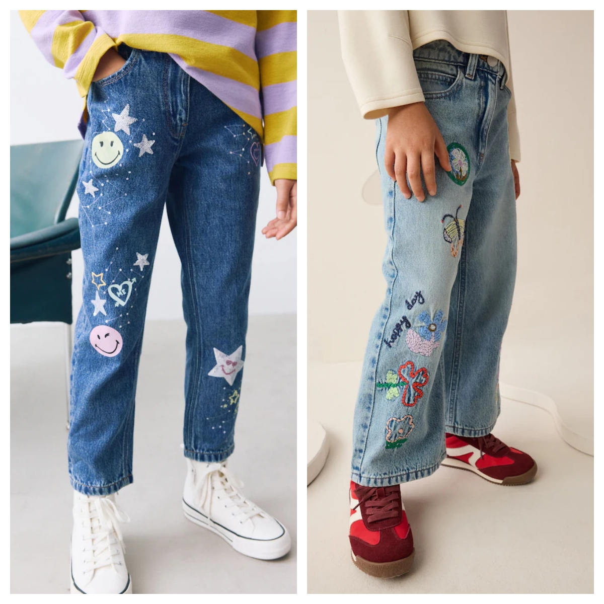 next蓝色花朵笑脸卡通牛仔裤长裤
