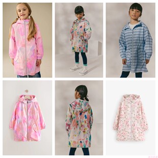 英国next亲子装25春新女童大女孩粉色扎染碎花中长款拉链风衣外套