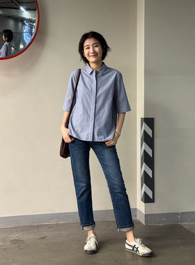 周浪清蓝色纯棉条纹短袖衬衫女2025新款夏季薄款翻领衬衫休闲 上