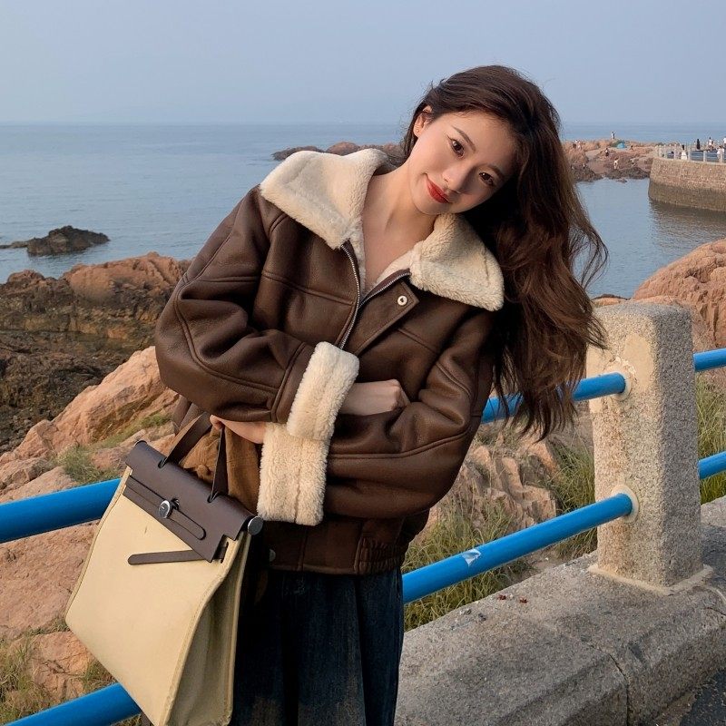 羊羔毛皮衣外套女冬季短款加绒加厚2024新款小个子皮毛All赛车服,女装/女士精品,皮衣,淘宝优惠券,粉丝福利购,淘宝优惠卷
