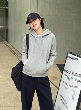 浪清灰色加绒卫衣女秋连帽2025新款新款长袖上衣抽绳休闲打底帽衫
