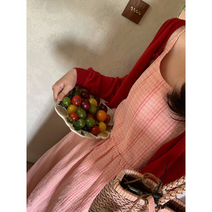 ZNG SHOP女装“樱桃子”棉麻格子敲美色系吊带连衣裙