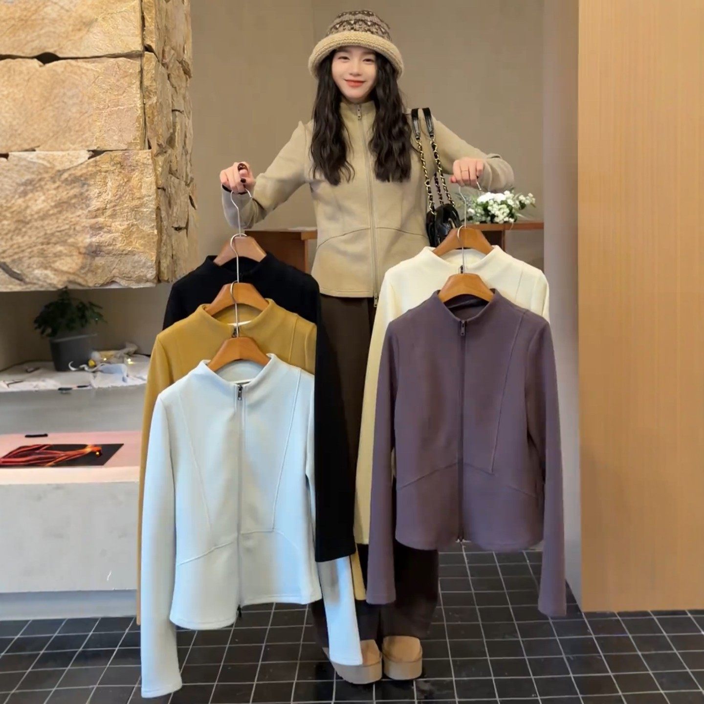 欧货高级感加绒短款拉链立领卫衣外套女百搭修身保暖叠穿内搭上衣