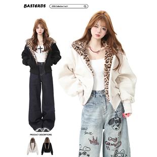 Basterds 美式覆古豹纹开衬连帽棉服女冬季加厚加绒短款棉衣外套