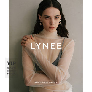 新LYNEE 褶皱半高领网纱长袖 打底衫 女叠穿内搭上衣 云雾