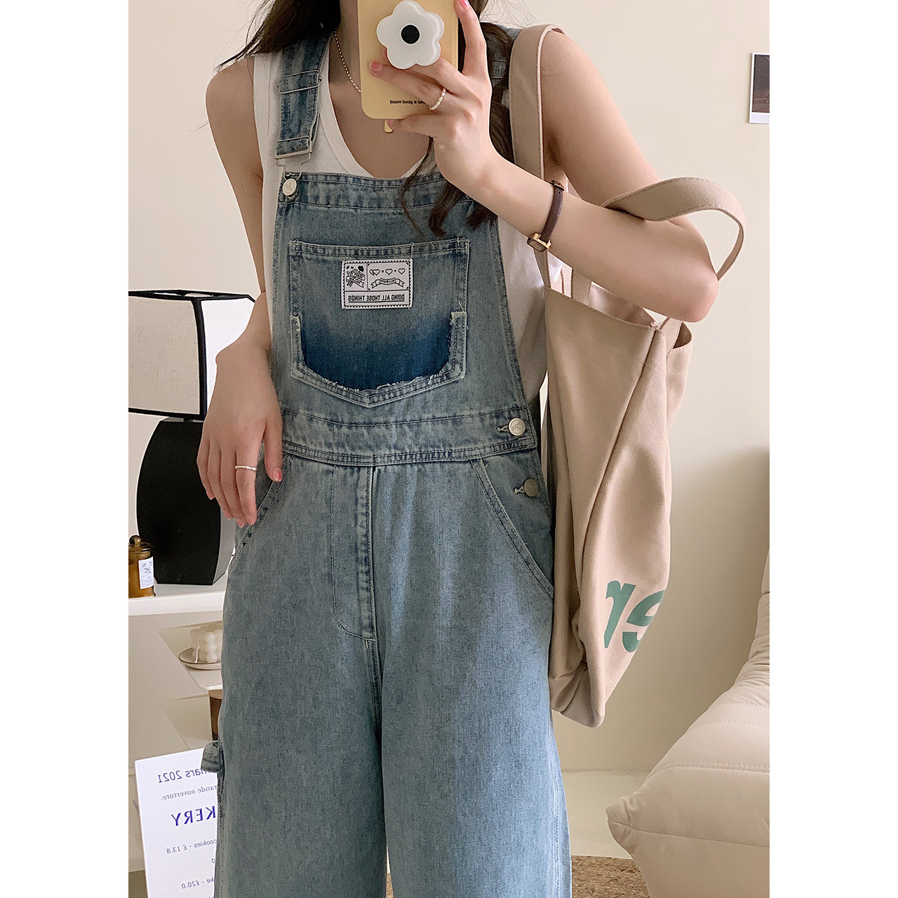 尔给复古减龄设计感酷盐系牛仔背带裤女夏季2022新款小个子长款