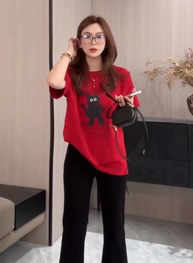 kokokaaran/可可咔伦100%棉时尚圆领卡通猫咪印花短袖T恤SH250124