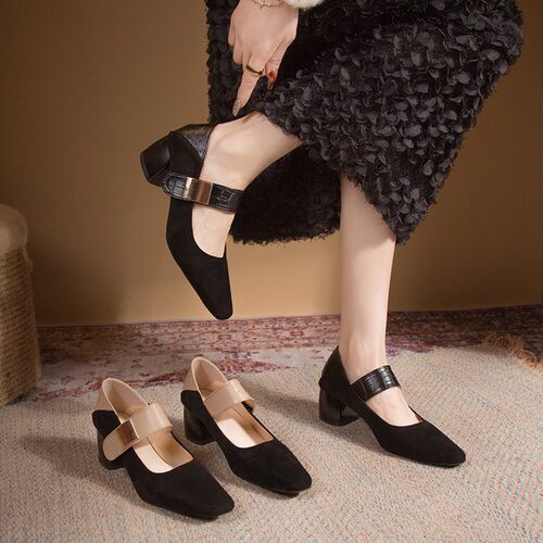 复古爆款真皮拼色方头浅口高跟鞋