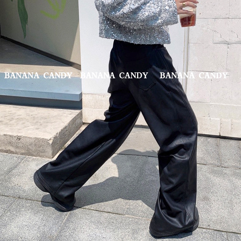 欧货设计感皮裤休闲裤~bananacandy优质PU腰宽松阔腿女裤61626