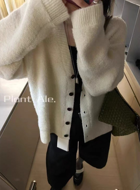 现货秒发一慵懒风软糯针织开衫外套一plantale宽松v领中长款毛衣