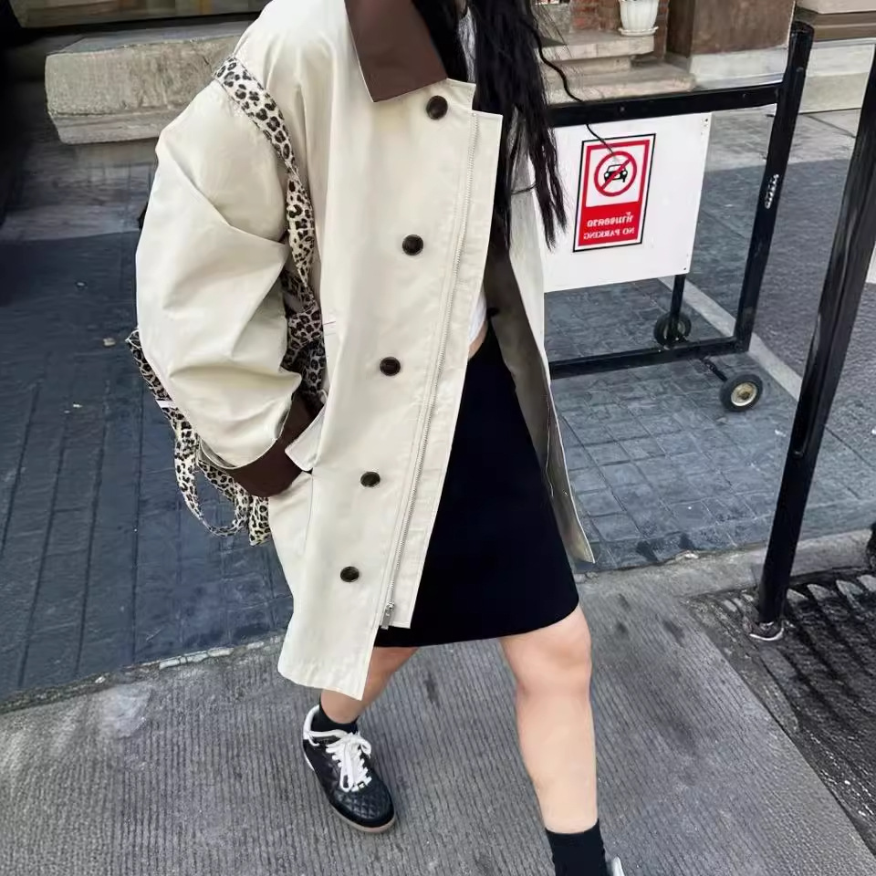 韩系休闲款式撞色大口袋风衣~街头时尚设计感中长款外套女装179