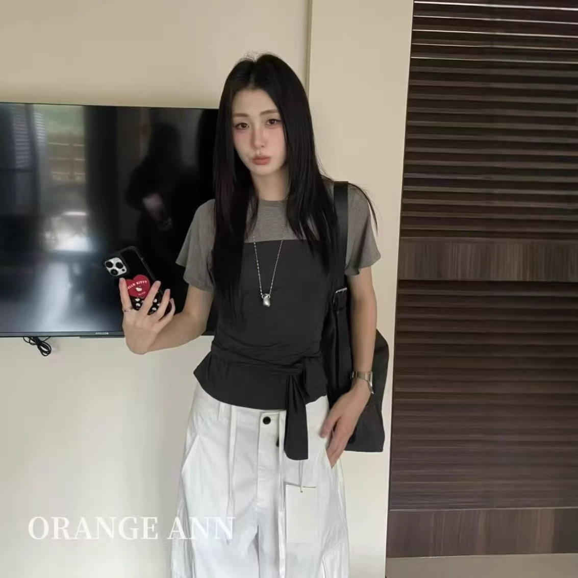 韩系拼色绑带弹力修身短袖T恤女