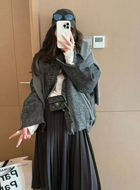 复古风木耳边羊毛呢加棉外套一可拆卸毛领杂点棉夹克冬季女装9652