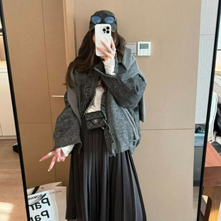 复古风木耳边羊毛呢加棉外套一可拆卸毛领杂点棉夹克冬季 9652 女装