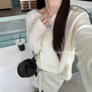 现货秒发一韩系超薄针织上衣马海毛羊毛一字领百搭薄毛衣女P5023