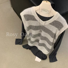 现货折扣一45%羊毛马海毛V领针织背心横条纹无袖马甲女装P5025