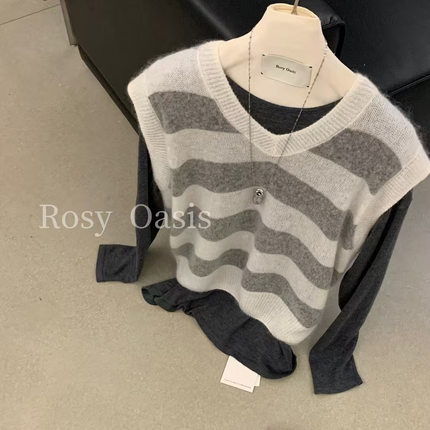 现货折扣一45%羊毛马海毛V领针织背心横条纹无袖马甲女装P5025