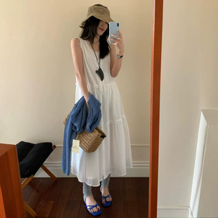 韩系清甜仙女背心裙一夏季新款蕾丝拼接仙气飘飘排扣连衣裙裸粉白
