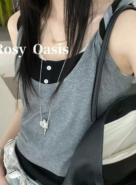 PlantAle精棉假两件撞色挂脖吊带背心百搭纯色修身显瘦打底U5104