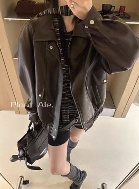 现货折扣一韩版新款休闲宽松复古拉链气质翻领皮衣夹克外套女8262