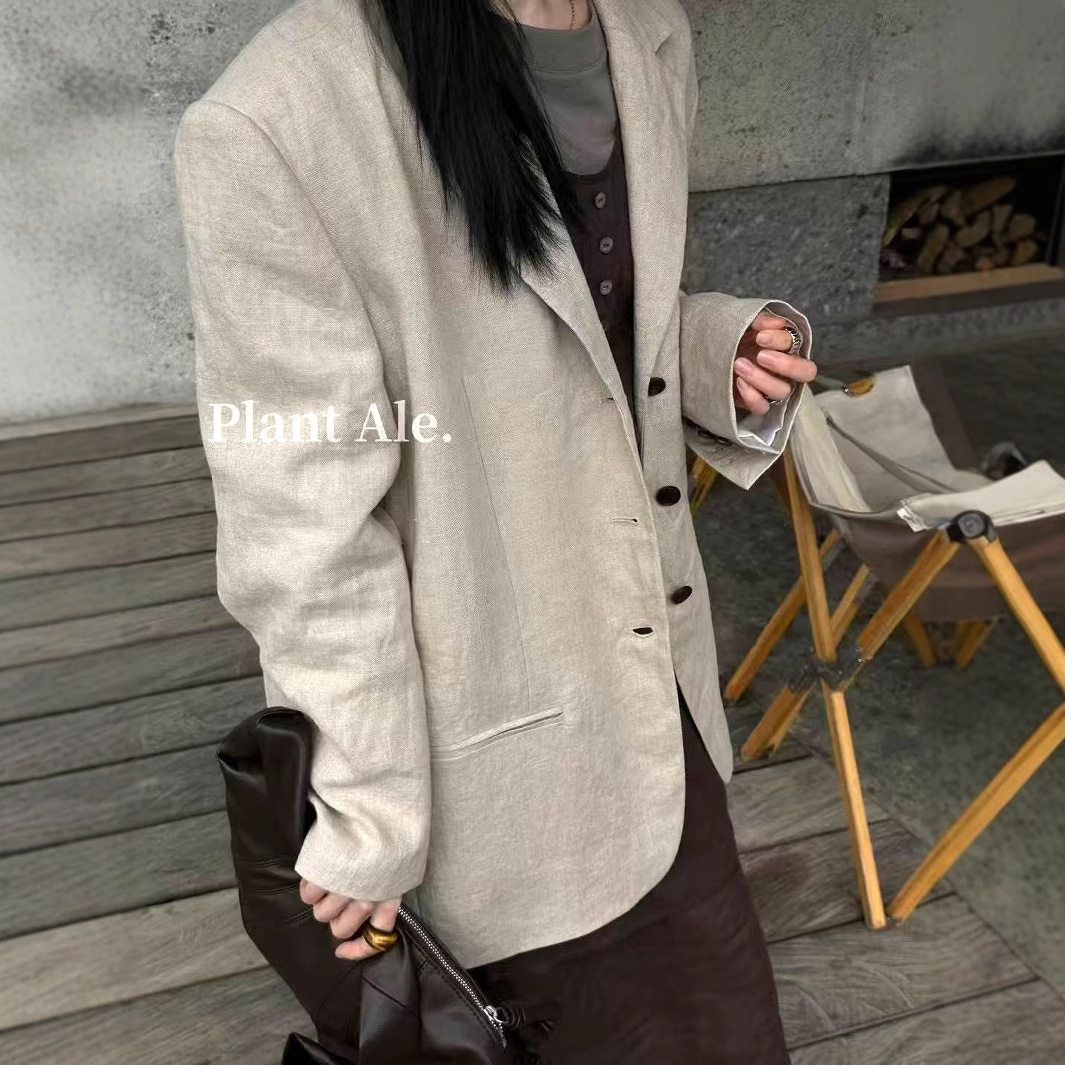 春夏老钱风纯亚麻小西装女