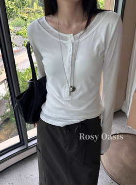 2025早秋新款假两件长袖上衣一全棉百搭修身显瘦T恤打底女装5S188