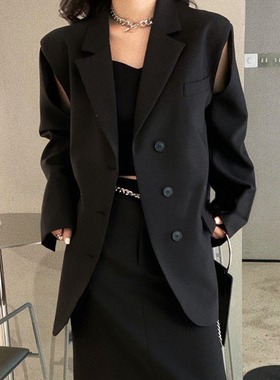 现货秒发一韩系设计款通勤女装酷飒个性肩部开口西装外套春85803