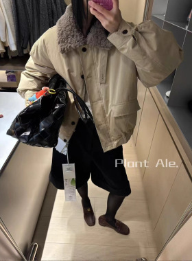 韩系白鹅绒派克服一PlantAle冬季工装风羊毛翻领宽松羽绒外套8096