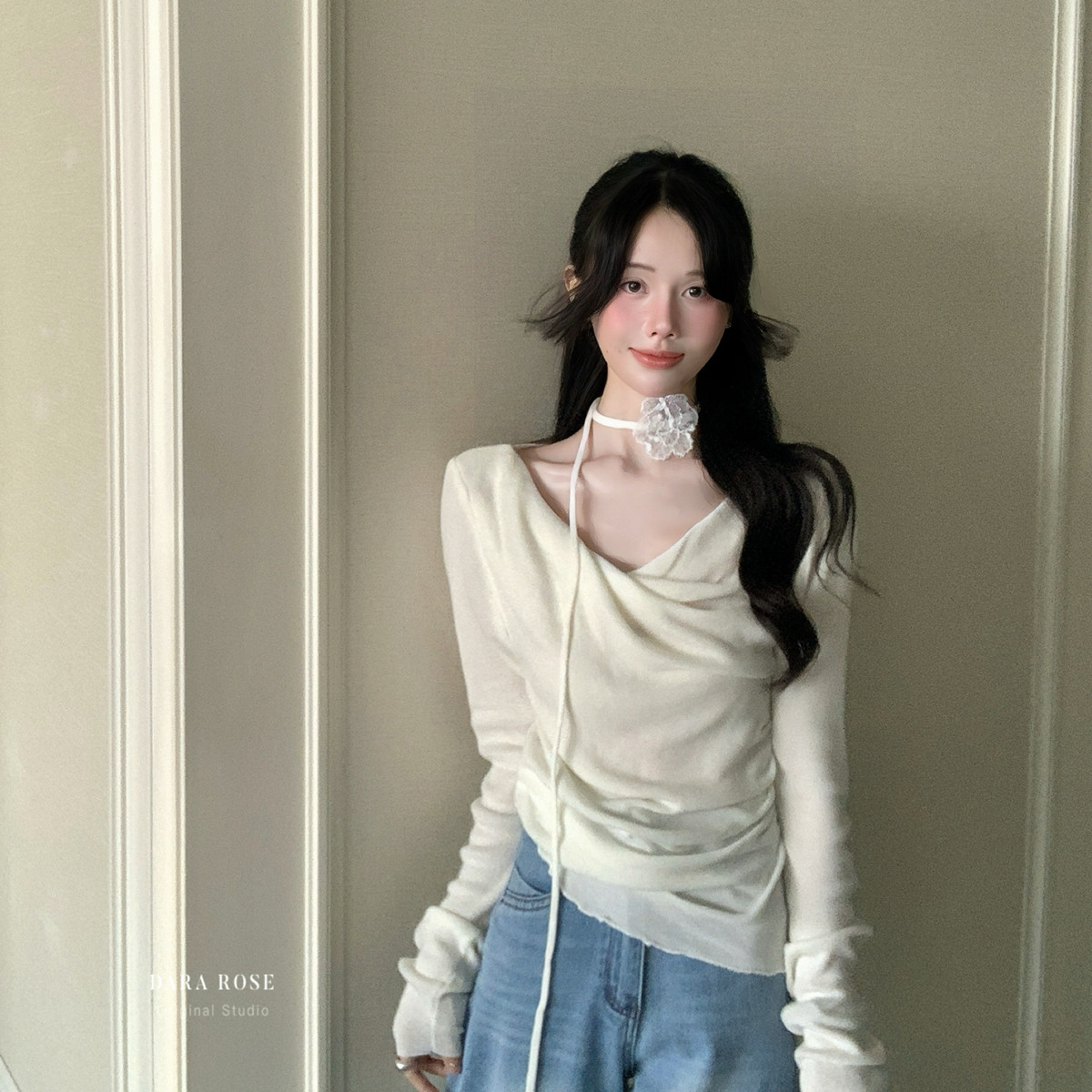 现货秒发一DARA ROSE-法式荡领收腰显瘦小衫针织衫女纯欲风上衣春