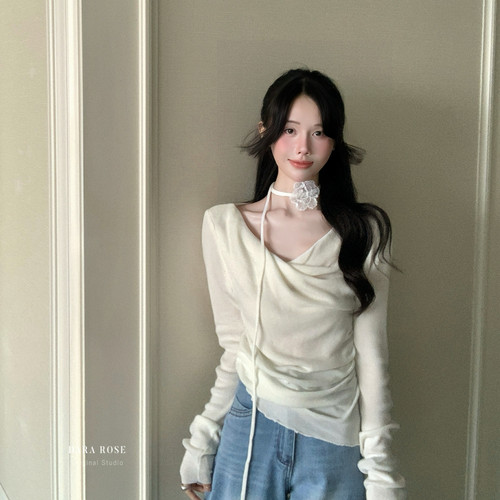法式荡领收腰显瘦针织衫女春款