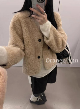 现货秒发一简约V领羊羔毛外套一100%羊毛卷卷毛宽松皮毛一体W8545