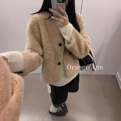 简约甜酷无领羊羔毛外套一100%羊毛圈圈颗粒感宽松皮毛一体W8545