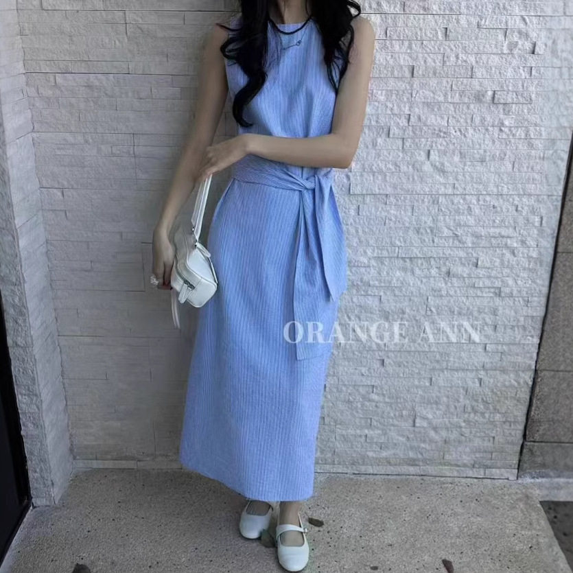 夏季新款全棉条纹背心裙一韩版宽松无袖系带显瘦连衣裙W7199