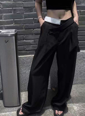 现货折扣一个性撞色腰带垂感拖地裤直筒显瘦休闲西裤通勤女60816