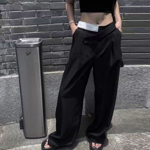 现货秒发一个性撞色腰带垂感拖地裤直筒显瘦休闲西裤通勤女60816