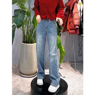 女装 大码 弹力直筒牛仔裤 子显瘦窄版 梨型身材2026春季 阔腿长裤 新款