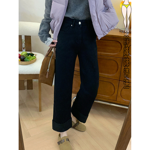 秋冬加绒胖妹妹mm直筒牛仔裤 女高腰宽松显瘦梨形身材阔腿裤