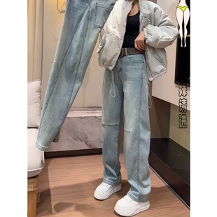 加绒直筒牛仔裤 显瘦宽松阔腿裤 女大码 弯刀拖地裤 窄版 2025秋冬新款