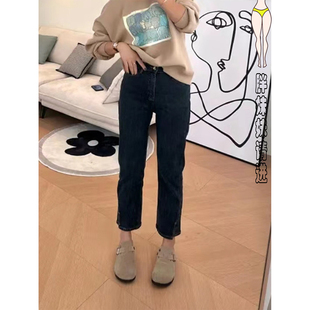 显瘦直筒九分烟管裤 高腰弹力梨形身材牛仔裤 女装 胖mm秋冬加绒大码