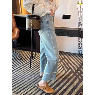 新款 子直筒裤 胖妹妹mm弹力九分牛仔裤 显瘦梨形身材裤 女大码 春季