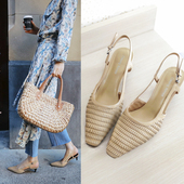包头后空细跟女2022新款 中空尖头编织中跟凉鞋 夏季 5CM猫跟高跟鞋