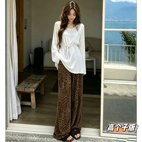 猫猫家加长女裤高个子版女生复古休闲裤显瘦拖地裤豹纹松紧腰夏季