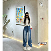 牛仔裤 猫猫家加长女裤 柳丁高腰阔腿裤 宽松显瘦窄版 高个子春季 新款