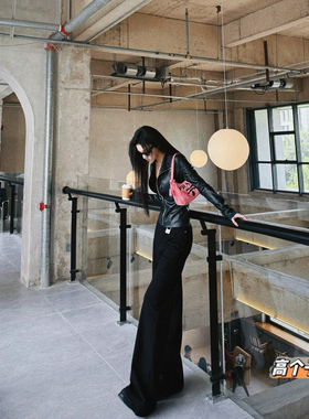 猫猫家加长女裤秋冬四面弹力175高个子松弛感阔腿裤女黑色超长裤