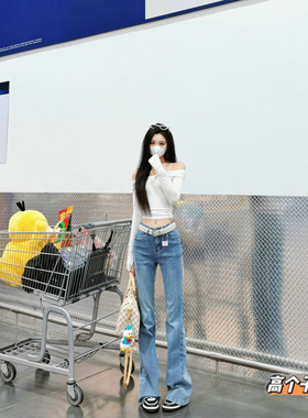 猫猫家加长女裤高个子春夏巴黎水洗蓝微喇牛王竹节翘臀线牛仔长裤